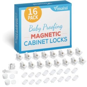 16 Pack Child Safety Magnetic Cabinet Locks - Vmaisi Children Proof Cupboard Baby Locks Latches - Adhesive for Cabinets & Drawers and Screws Fixed for Protection