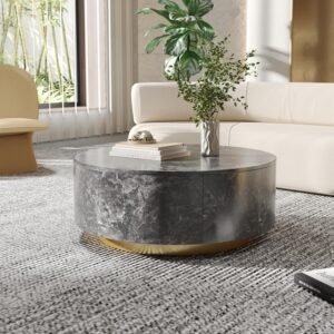 Modern Round Coffee Table with Drawers,33.47'' Drum Storage Coffee Table with Faux Marble Texture Surface, Round Center Coffee Table for Living Room/Office,Fully Assembled