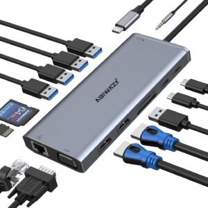 USB C Docking Station Dual Monitor for Dell/HP/Lenovo/Surface Laptop, 14 in 1 Triple Display Hub Multiple Adapter, Dongle with 2 HDMI 4K+VGA+5 Port+100W PD Charger+Ethernet+SD/TF+Audio