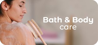 Bath and Body care banner with women holding a shower brush