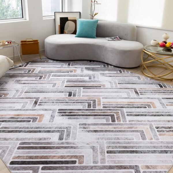 DECOMALL Coronado Washable Area Rugs, Modern Geometric Faux Cowhide Patchwork Rug, Large Carpet for Living Room Bedroom, 9x12ft Multi