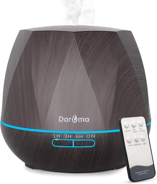 550ml Essential Oil Diffuser, DAROMA Upgraded Remote Control 6 in 1 Aromatherapy Ultrasonic Cool Mist Humidifier, 7 Color Changing Mood Lights & Waterless Auto-Off for Home Office Gift, Dark Wood