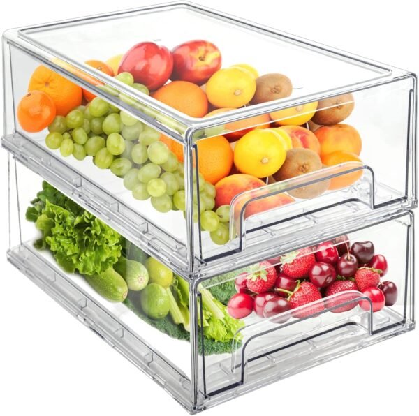 Mano 2Pack Clear Fridge Drawers Pull Out Stackable Refrigerator Drawer Organizer Bins Pantry Storage Box Plastic Food Containers for Kitchen Bathroom Office Closet (2pack-Large)