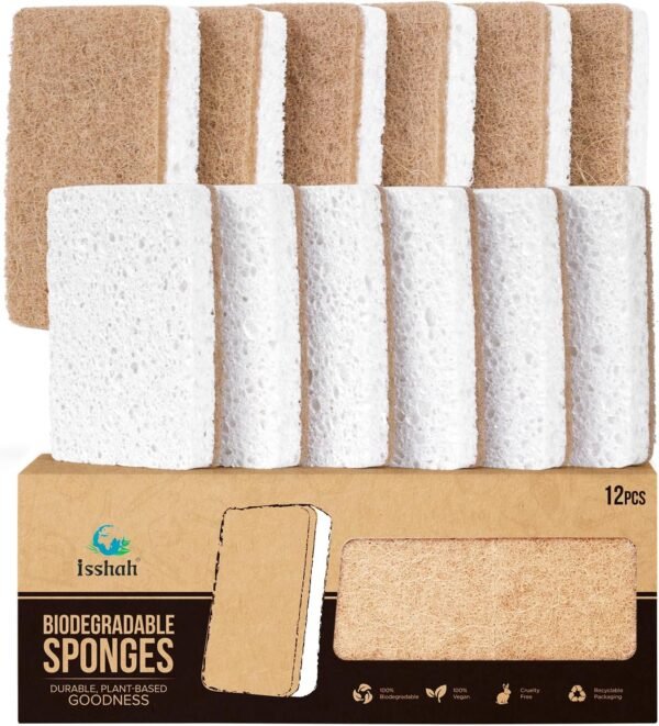 Plant-Based Kitchen Sponges - FSC Certified and PETA Approved, Natural, Eco-Friendly, Biodegradable Sisal Hemp Sponges for Dishes, Cleaning Sponge for Kitchen, Bathroom, Household - 12 Count