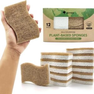 Natural Kitchen Sponge - Biodegradable Compostable Cellulose and Coconut Scrubber Sponge - Pack of 12 Eco Friendly Sponges for Dishes