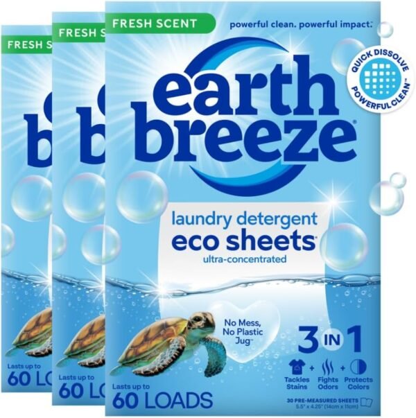 Earth Breeze Laundry Detergent Sheets - 90 Detergent Sheets - (3 Pack) 30 Sheets Per Pack - 180 Loads - Concentrated Liquidless Laundry Soap - No Plastic Jug - Fresh Scent