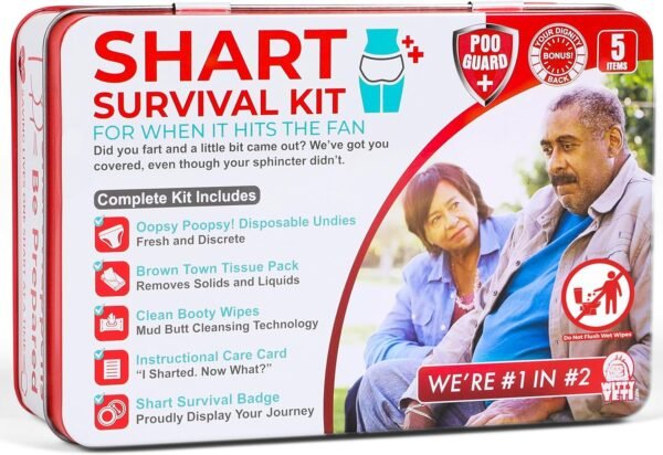 Funny Shart Survival Kit by Witty Yeti. Ultimate Poop Prank Gag Gift Set Contains Wet Wipes, Disposable Underwear, Tissues and Hilarious Badge. Novelty Fart Potty Pack Great for Friends or Family