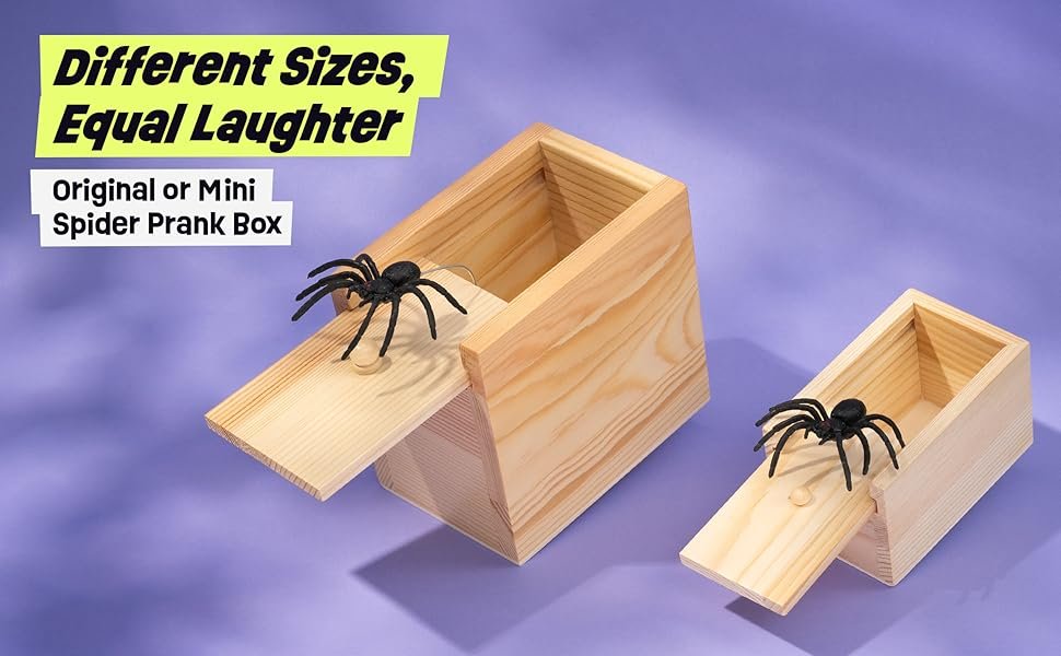 The original spider scare prank box next to the mini spider prank box to show size variations