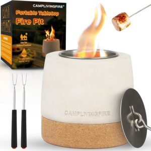 Tabletop Fire Pit, Round Concrete Smokeless Smores Fire Pit Table Top as Smores Maker Kit for Indoor & Patio Decor, Gifts for Women Mom Her Wedding Housewarming Christmas Birthday White Elephant Gifts