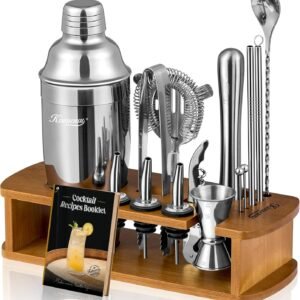 KITESSENSU Cocktail Shaker Set Bartender Kit with Stand | Bar Set Drink Mixer Set with All Essential Accessory Tools: Martini Shaker, Jigger, Strainer, Mixer Spoon, Muddler, Liquor Pourers |Silver