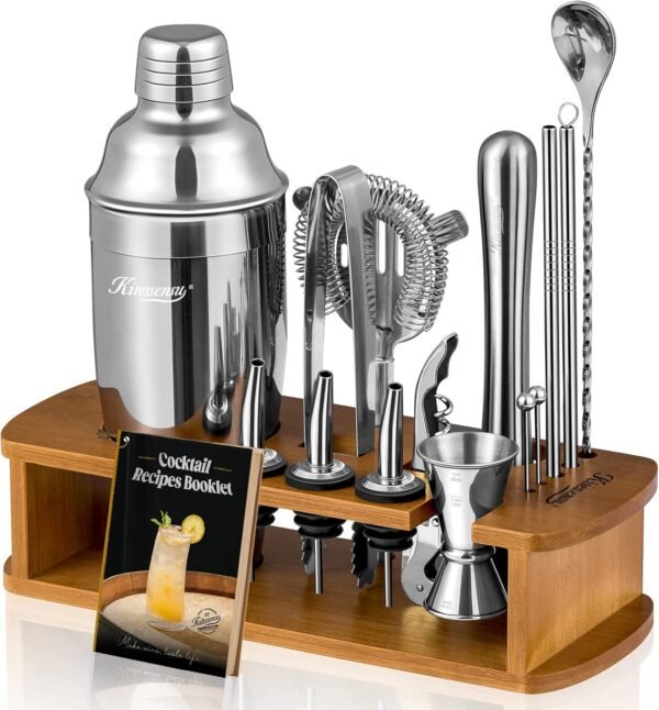 KITESSENSU Cocktail Shaker Set Bartender Kit with Stand | Bar Set Drink Mixer Set with All Essential Accessory Tools: Martini Shaker, Jigger, Strainer, Mixer Spoon, Muddler, Liquor Pourers |Silver