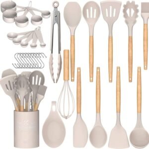 Umite Chef Kitchen Cooking Utensils Set, 33 pcs Non-Stick Silicone Cooking Kitchen Utensils Spatula Set with Holder, Wooden Handle Silicone Kitchen Gadgets Utensil Set (Khaki)