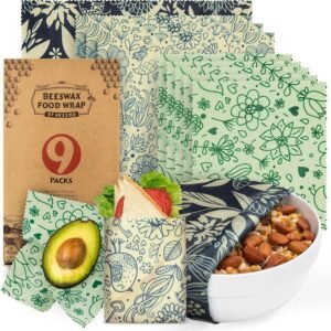 Akeeko Reusable Beeswax Food Wraps - Assorted 9 Packs, Eco-Friendly Reusable Wrap, Biodegradable, Zero Waste, Organic Cloth, Sustainable, Plastic-Free Food Storage, 1Large, 3Medium, 5Small Sizes