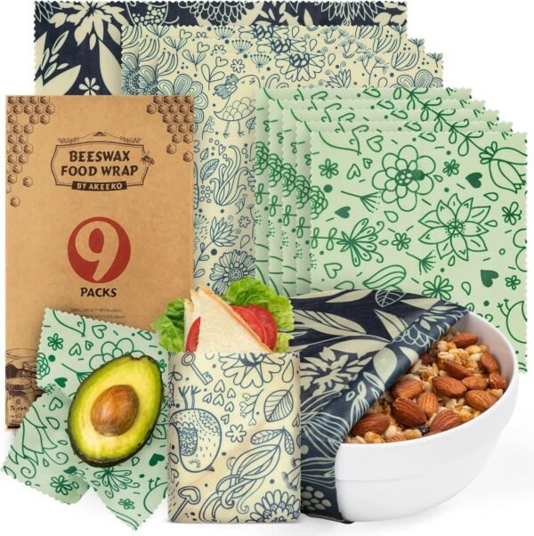 Akeeko Reusable Beeswax Food Wraps - Assorted 9 Packs, Eco-Friendly Reusable Wrap, Biodegradable, Zero Waste, Organic Cloth, Sustainable, Plastic-Free Food Storage, 1Large, 3Medium, 5Small Sizes