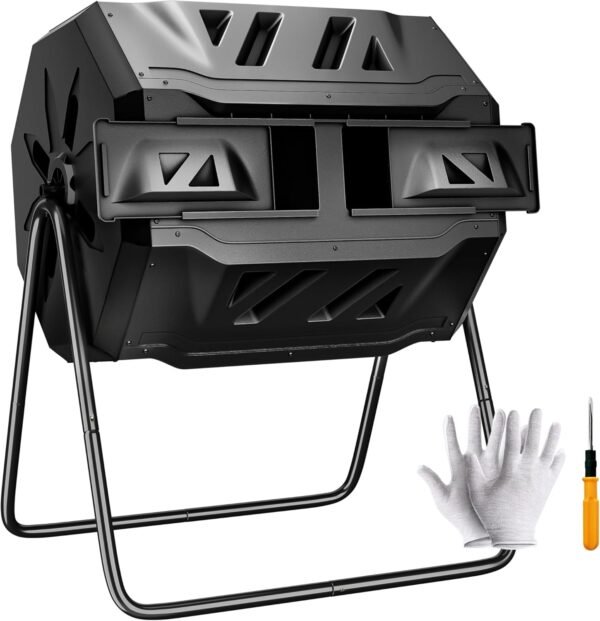 F2C Compost Bin Outdoor Dual Chamber Tumbling Composter 43 Gallon BPA Free Large Tumbler Composters Tumbling or Rotating w/Sliding Doors & Solid Steel Frame Garden Yard (Black)