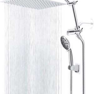 Hibbent All Metal Shower Head,10'' High Pressure Rain Shower Head/Handheld Showerhead Combo with 16'' Adjustable Arc-shaped Shower Extension Arm, 7-Spray, 71'' Hose Adhesive Showerhead Holder, Chrome