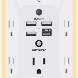 Outlet Extender with Night Light, Multi Plug Outlet, USB Wall Charger Surge Protector 4 USB Charging Port(1USB C), Power Strip Electrical Outlet Splitter Expander for Home Office Dorm Room ETL Listed