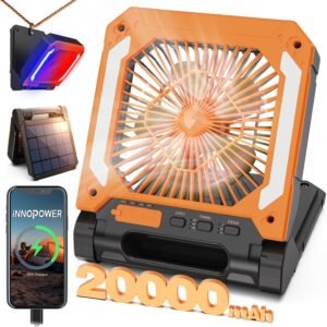 20000mAh Rechargeable Solar Powered Portable Fan with Led Lantern, 3 Speeds Cordless Battery Operated Camping Fan with PowerBank,Timer, Hangble & Quiet Desk Fan for Tent Hurricane Worksite (Orange)