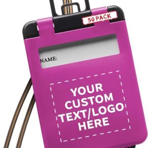 50 Mini Carry-on Luggage Tags Pack - Customizable Text, Logo - Flip Open Cover, ID Sticker - Purple