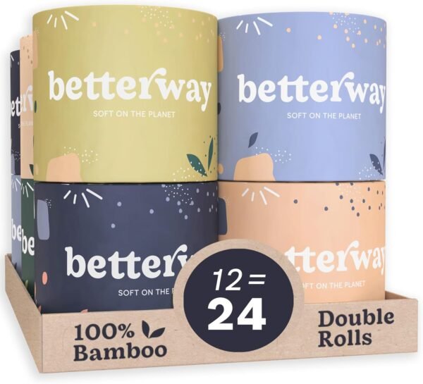 Betterway Bamboo Toilet Paper 3 Ply - Sustainable Toilet Tissue - 12 Double Rolls & 360 Sheets Per Roll - Septic Safe - Organic, Plastic Free - FSC Certified