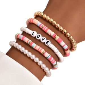 Charm Bracelet for Women, 5Pcs Unisex Bracelets Colorful Bohemian Polymer Clay Love Letters Faux Pearls Bracelets for Valentine's Day Gift Birthday Present