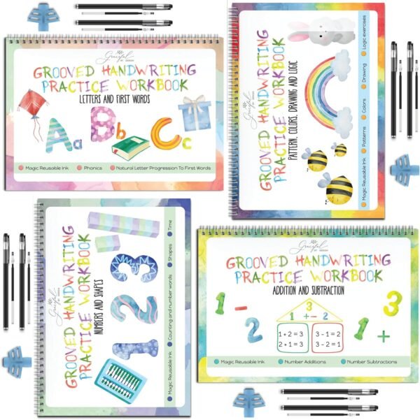 Graceful By Design Grooved Handwriting Book with Pens (All 4 Books) Practice Writing Letters for Kids, Handwriting Practice for Kids, Kids Writing Practice Book, Groove Writing Book