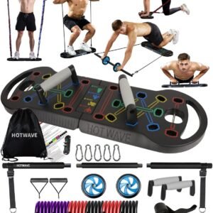 HOTWAVE Portable Exercise Equipment with 16 Gym Accessories.20 in 1 Push Up Board Fitness,Resistance Bands with Ab Roller Wheel,Full Body Workout at Home