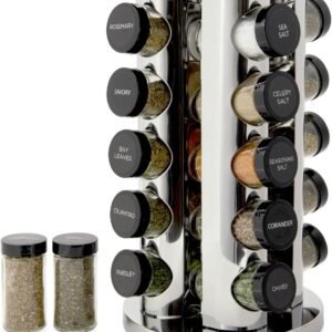 Kamenstein 20 Jar Revolving Countertop Spice Rack with Spices Included, FREE Spice Refills for 5 Years, Polished Stainless Steel with Black Caps, 30020