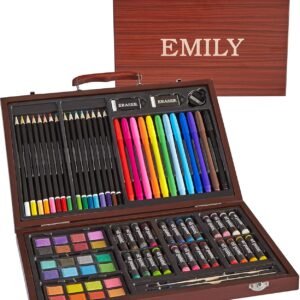 Let's Make Memories Personalized 80-Piece Deluxe Art Set - for Kids - Wood Carrying Case - Oil Crayons, Colored Pencils, Watercolors - Arts & Crafts - Customize w/Name - Block Font