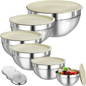 Mixing Bowls with Lids Set, 6 PCS Stainless Steel Mixing Bowls with 3 Grater Attachments, Kitchen Food Storage Organizers Nesting Mixing Bowl, Large Size 4.5, 3.5, 2.1, 1.5, 1.1, 0.7QT