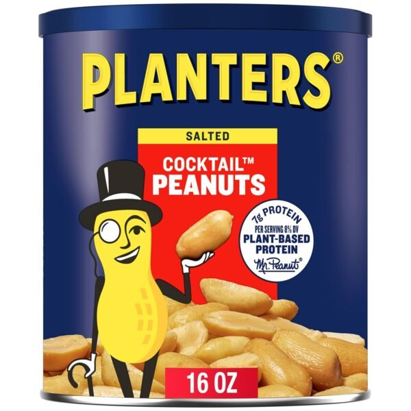 PLANTERS Salted Cocktail Peanuts, Party Snacks, Plant Based Protein 16oz (1 Canister)