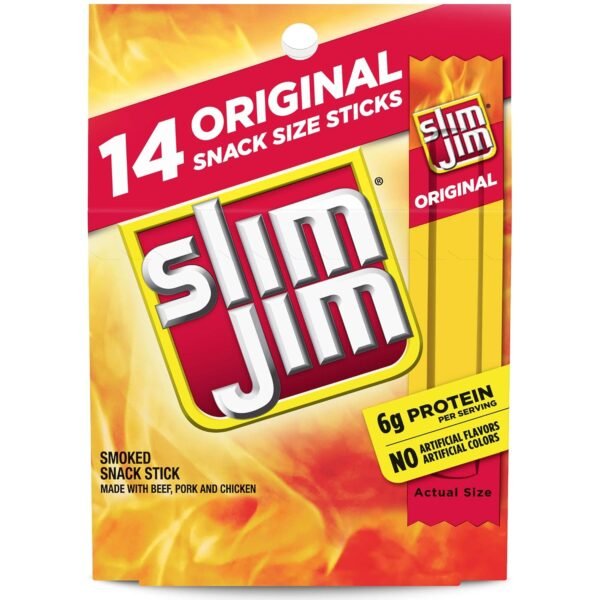 Slim Jim Smoked Meat Sticks, Original Flavor, 6g Protein Per Serving, Snack Size, 0.28 oz. (14 Count)