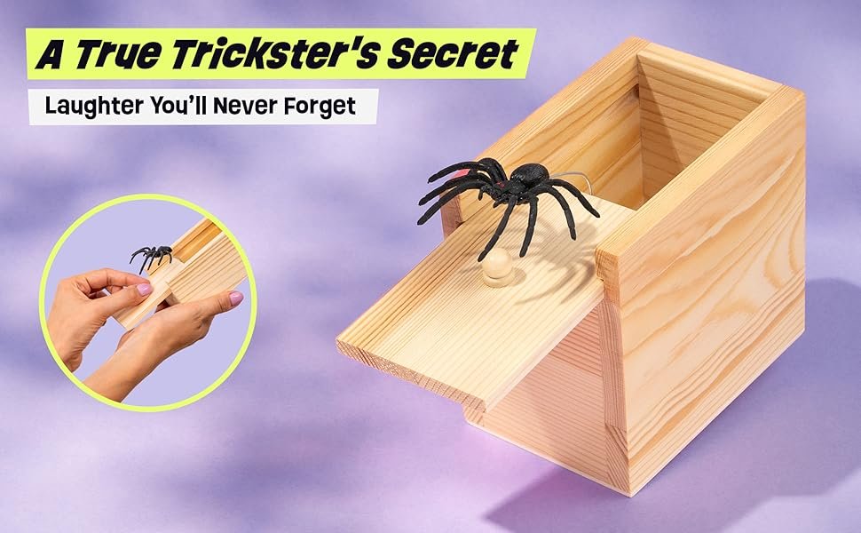 Spider prank box with sliding lid and lifelike spider jumping out of the wooden scare box