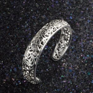 Women Bracelets, Cuff Bracelet Opening Exquisite Craftsmanship Hollow Silver Color Carved Pattern Retro Bangle Jewelry Women Bangle for Banquet