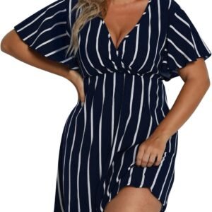 Womens Casual Sun Summer Dresses Plus Size Wrap V Neck Ruffle Hem A Line Short Dress Striped Print Short Sleeve Dress